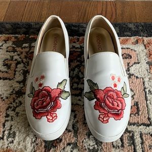 Vionic White Slip-On Sneakers with Red Rose Embroidery